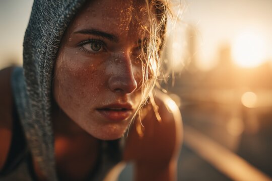 Determined female athlete sweating and breathing heavily after intense outdoor workout at sunset

