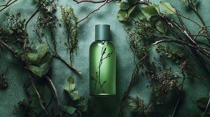 Herbal toner mock surrounded by branches and wild textures in soft green light