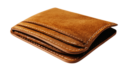 A minimal display of hand-stitched suede wallet, white background --ar 16:9