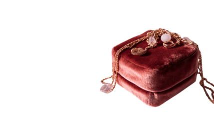 A minimal display of luxury velvet jewelry pouch, white background --ar 16:9
