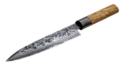 A plain image of hand-forged kitchen carving knife, white background --ar 16:9