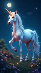 White unicorn standing in a moonlit meadow