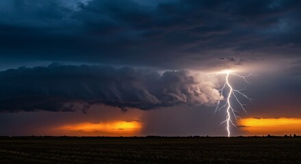 Obraz premium Lightning Strike Dramatic Sky Over Rural Landscape at Sunset.
