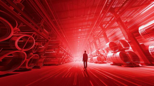 Industrial warehouse with large metal pipes and person walking showing impac of war and trade challenges in manufacturing industry