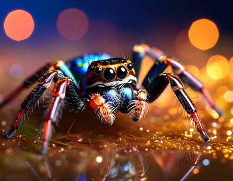 Vibrant jumping spider close-up, bokeh background