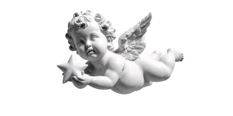 Angel cherub sculpture holding a star, flying in the dark background Concept of Christmas, love, hope, and spirituality