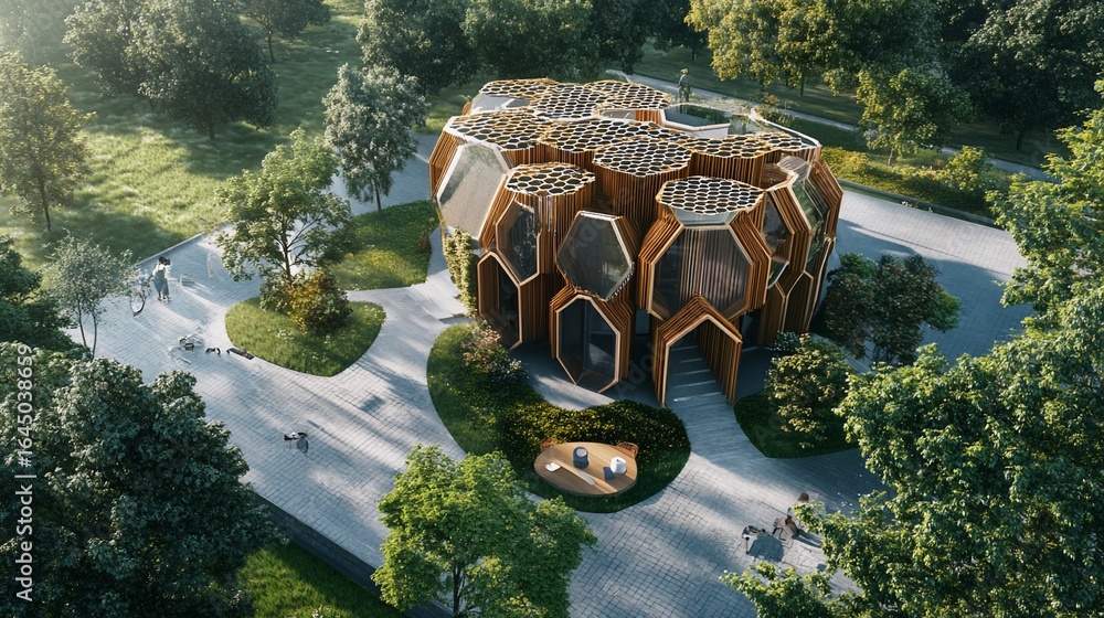 Poster futuristic hexagonal building nestled in a lush green environment aerial view