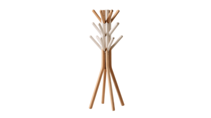 A standalone wooden coat rack, white background --ar 16:9