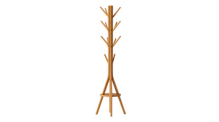 A standalone wooden coat rack, white background --ar 16:9