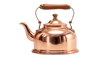 A studio shot of brushed copper tea kettle, white background --ar 16:9