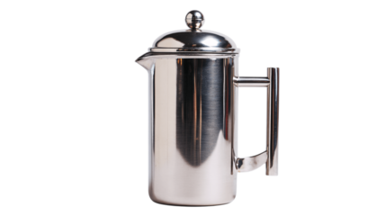 A studio shot of brushed steel French coffee press, white background --ar 16:9