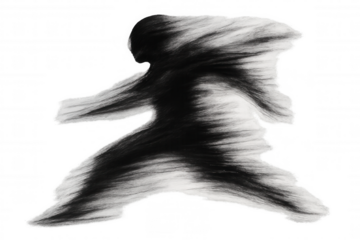 Black and white abstract human shape moving fast with a transparent background, creating a sense of speed and dynamism