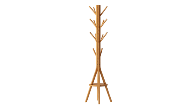 A standalone wooden coat rack, white background --ar 16:9