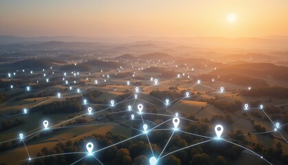 Digital network of location markers connecting rural landscape under golden sunset sky