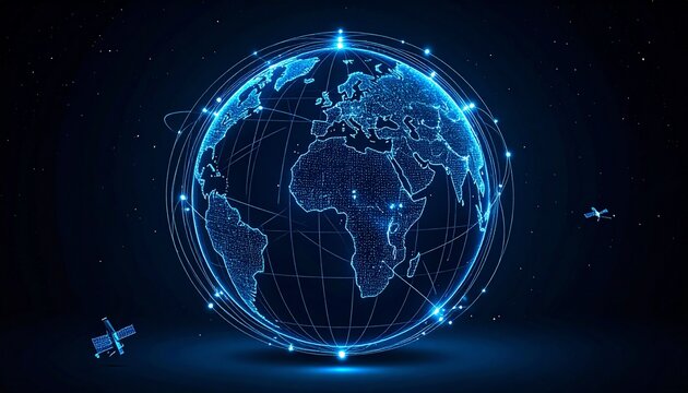 Futuristic digital Earth with glowing grid lines representing global communication, data network, and orbiting satellites in space.