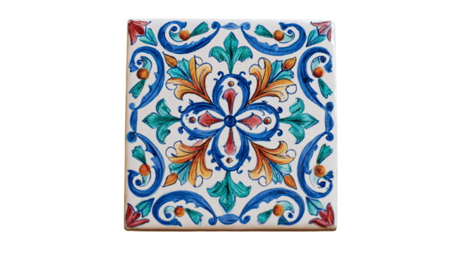 An individual hand-painted ceramic tile, white background --ar 16:9