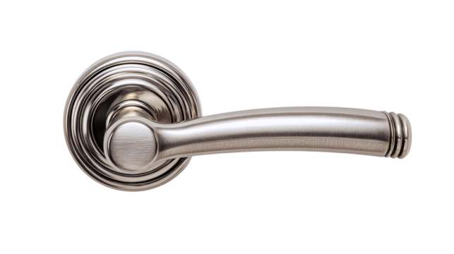 An isolated brushed steel door handle, white background --ar 16:9