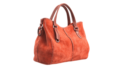 An isolated designer suede handbag, white background --ar 16:9