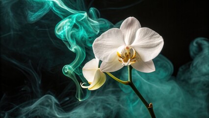 A delicate white orchid blooming amidst swirling teal smoke a symbol of serenity and peace with dark