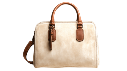 An isolated designer suede handbag, white background --ar 16:9