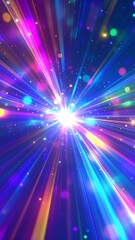 Fototapeta premium Vibrant, multicolored light rays burst from a central point, surrounded by bokeh