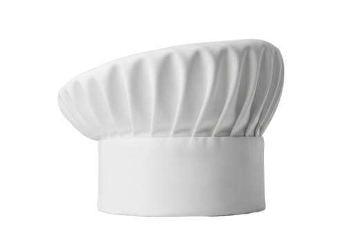 transparent chef's hat, a toque blanche, meticulously crafted with crisp pleated fabric and structured band, isolated against a pure shadowless white background with copy space, concept of