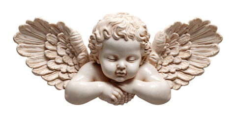 Serene sleeping baby angel statue with wings on black background Concept of innocence, faith, and cherubic beauty