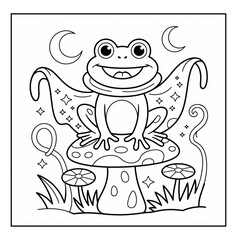 A happy frog with fairy wings sitting on a mushroom isolated on white background, coloring page for halloween