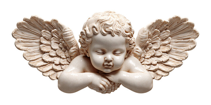 Serene sleeping baby angel statue with wings on black background Concept of innocence, faith, and cherubic beauty