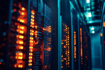 Powerful crypto mining farm with hundreds of graphics cards and neon lights for cryptocurrency blockchain data center generative ai