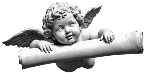 Cherubic baby angel statue holding a scroll with wings in monochrome Concept of innocence, message, and classic art