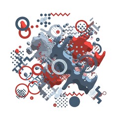 Abstract Dynamic Composition with Red and Blue Organic Shapes and Geometric Patterns