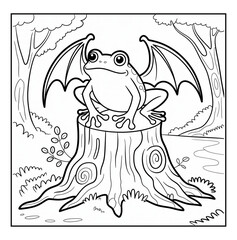 Obraz premium A cute frog with dragon wings sitting on a tree stump isolated on white background, coloring page for halloween