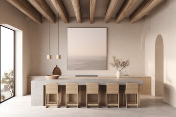Beige kitchen interior with large artwork