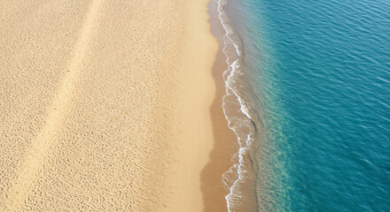 High-angle view of beach and ocean meeting.