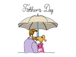 Abstract father holds an umbrella over his child, father day, family.continuous single one line art drawing sketch, logo