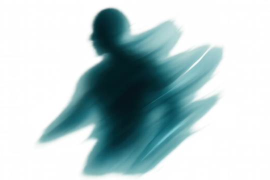 Ghostly silhouette emerging from dark shadows, transparent backdrop amplifying spectral essence