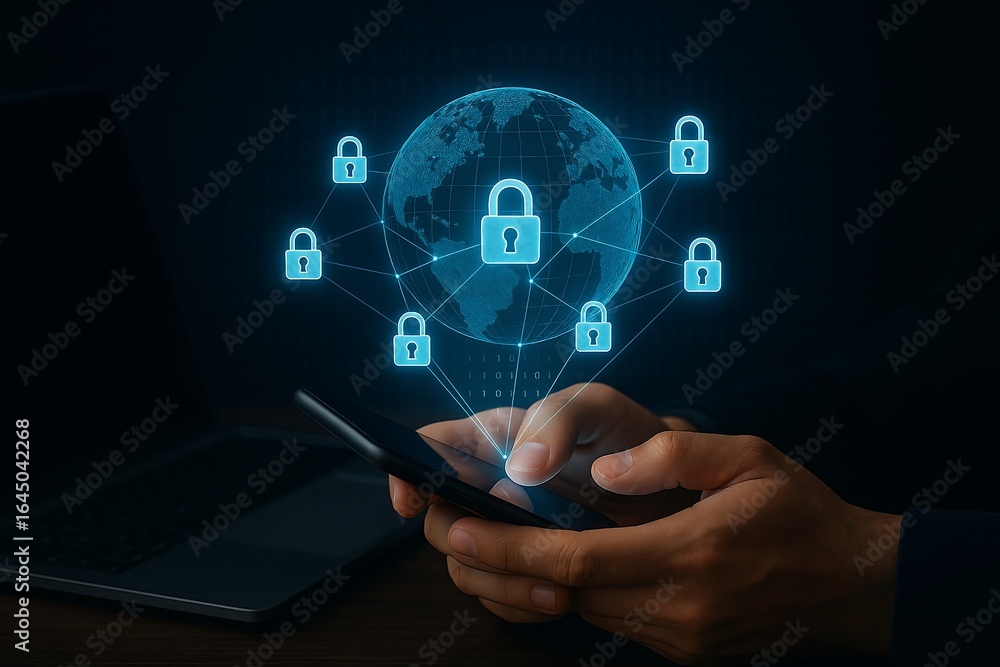 Poster person using smartphone with global network security locks and digital globe overlay cybersecurity d
