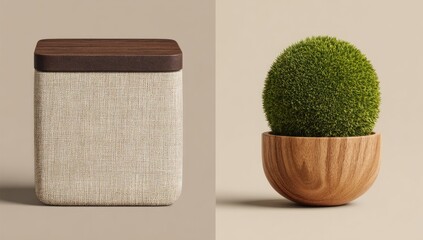 Beige fabric cube with wood lid beside a spherical green plant in a curved wooden bowl on a neutral background