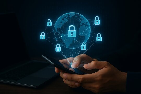 Person using smartphone with global network security locks and digital globe overlay cybersecurity data - Powered by Adobe