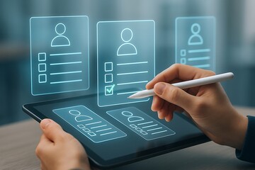 Person using stylus on tablet selecting checklist item on digital profile digital art hand