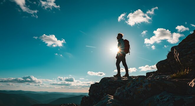 Lone hiker silhouetted by a brilliant sunburst on a rocky mountain summit.