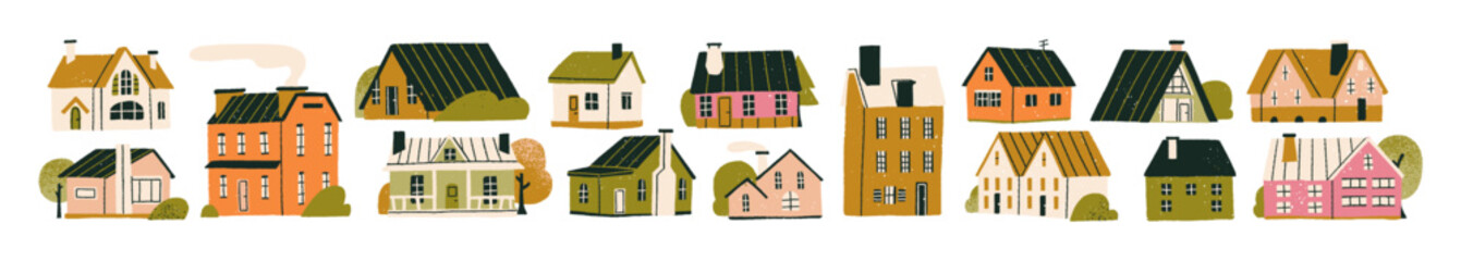 Set of cute suburb houses with trees. Different residential buildings in village, villas, cottages and lodges. Suburban architecture. Flat isolated hand drawn vector illustrations on white background