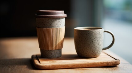 Caffeinated Serenity: A minimalist scene of a reusable tumbler and a ceramic mug filled with a warm, inviting beverage. They rest gracefully on a wooden tray.