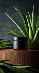 Matte black jar sits on dark wood, surrounded by vibrant green aloe vera plants against a moody backdrop