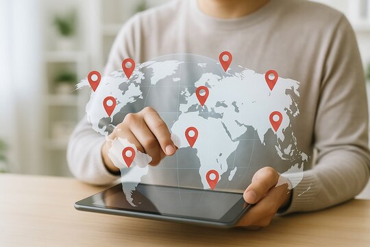 Person using tablet with holographic world map and location pins digital technology