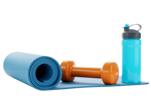 A blue yoga mat, orange dumbbell, and blue water bottle are neatly arranged against a white background. The vibrant setup embodies health, wellness, and an active lifestyle.