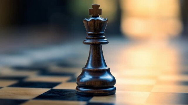 Chess king piece standing on wooden chessboard with warm light creating dramatic mood, symbolizing strategy and focus in game play and competition on board