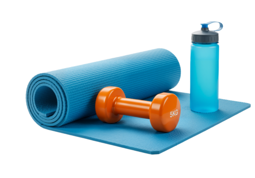 A blue yoga mat, orange dumbbell, and blue water bottle are neatly arranged against a white background. The vibrant setup embodies health, wellness, and an active lifestyle.