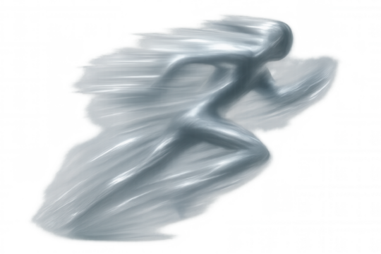 Metallic silver runner achieving superhuman speed with motion blur effect, on transparent background